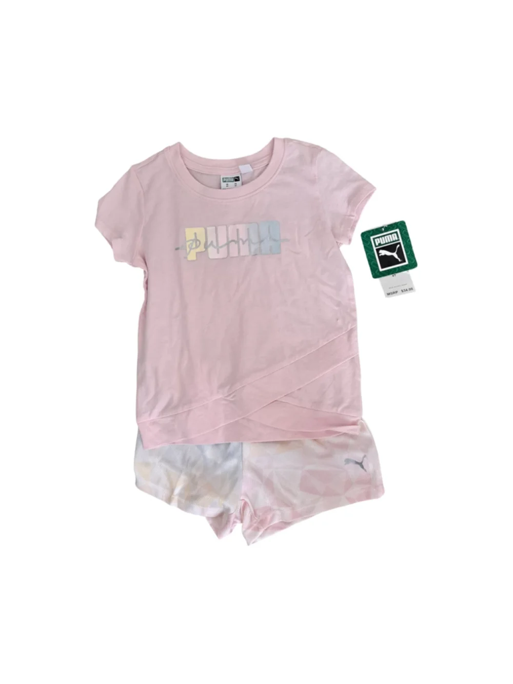 Puma 2 Piece Graphic Tee & Shorts Set 4T Chalk Pink Cross-Front Hem NWT